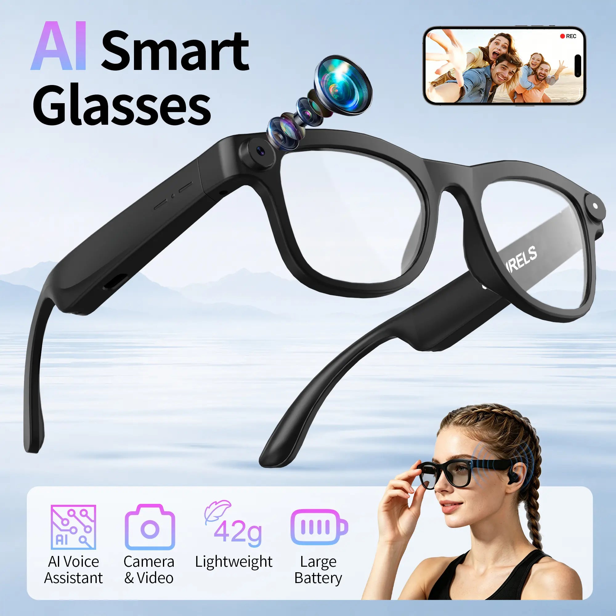 Lumenex AI Smart Glasses (Recording Glasses) - HD Camera, Hands-Free POV Video Recording, Open-Ear Bluetooth Audio, Real-Time Voice Translation, Smart Assistant Functionality
