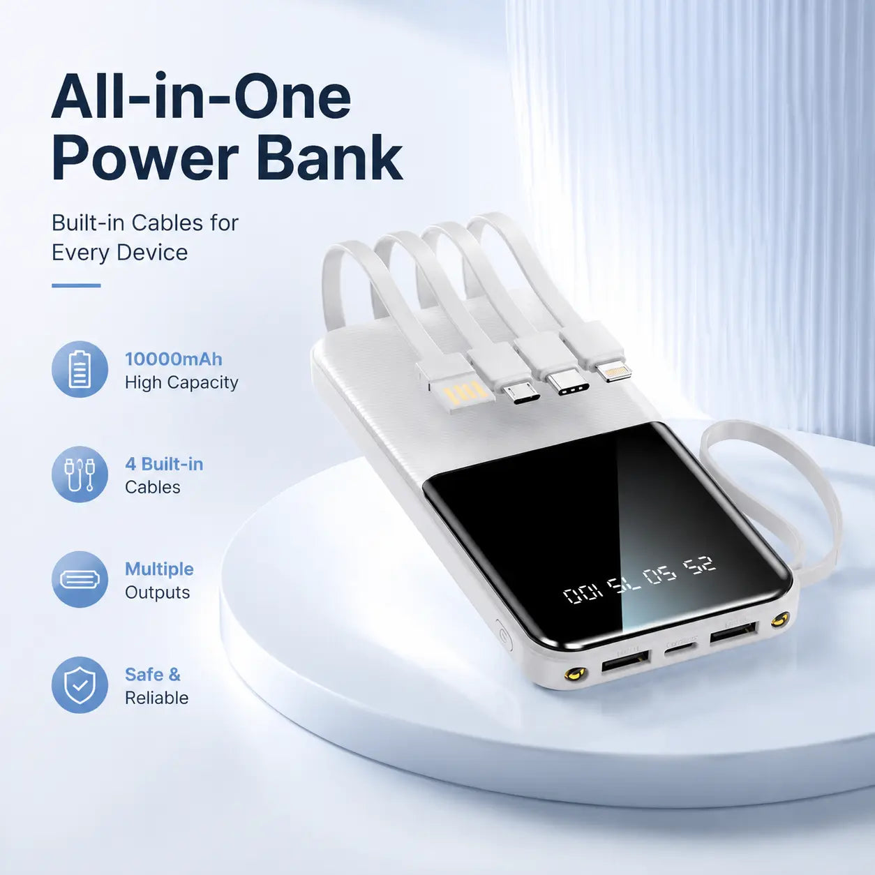 20W 10000Mah Portable Power Bank with Built-In Type-C, Lightning, Micro USB Cables, Lanyard, Fast Charging, Smart Digital Display, LED Flashlight - for Smartphones, Tablets, Travel, Dormitories
