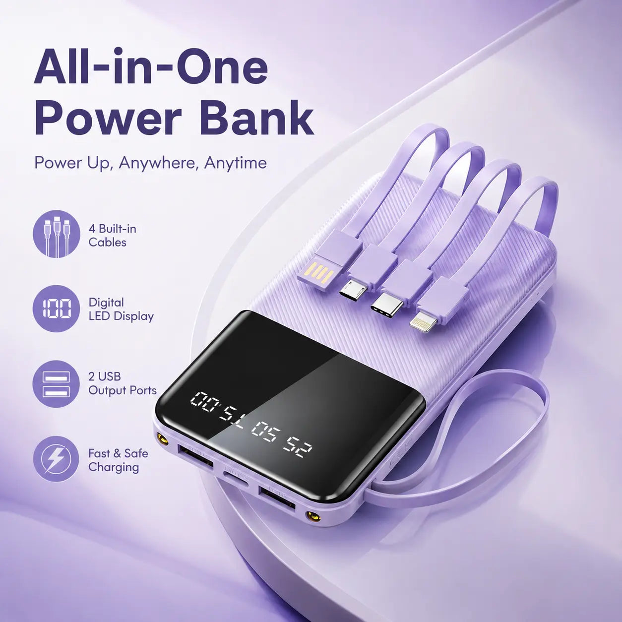 20W 10000Mah Portable Power Bank with Built-In Type-C, Lightning, Micro USB Cables, Lanyard, Fast Charging, Smart Digital Display, LED Flashlight - for Smartphones, Tablets, Travel, Dormitories
