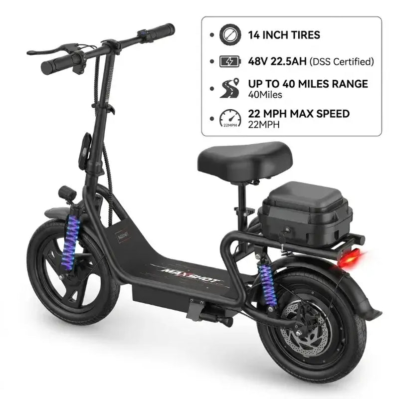 Foldable Electric Scooter with Seat& Trunk 14” Dual Shock, 500-1080W, 30-35 Miles, 22MPH, Comfort Ride E Scooter
