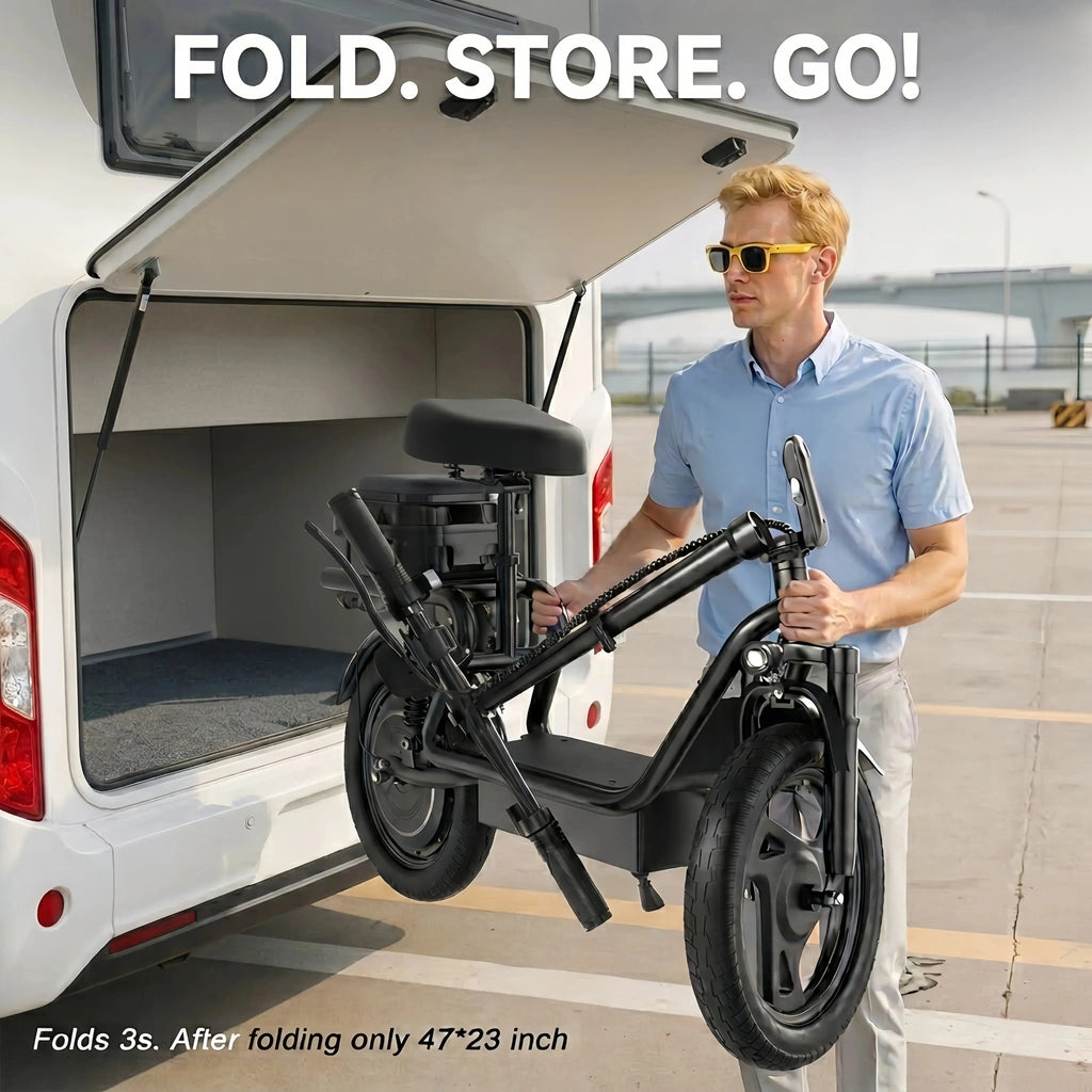 Foldable Electric Scooter with Seat& Trunk 14” Dual Shock, 500-1080W, 30-35 Miles, 22MPH, Comfort Ride E Scooter