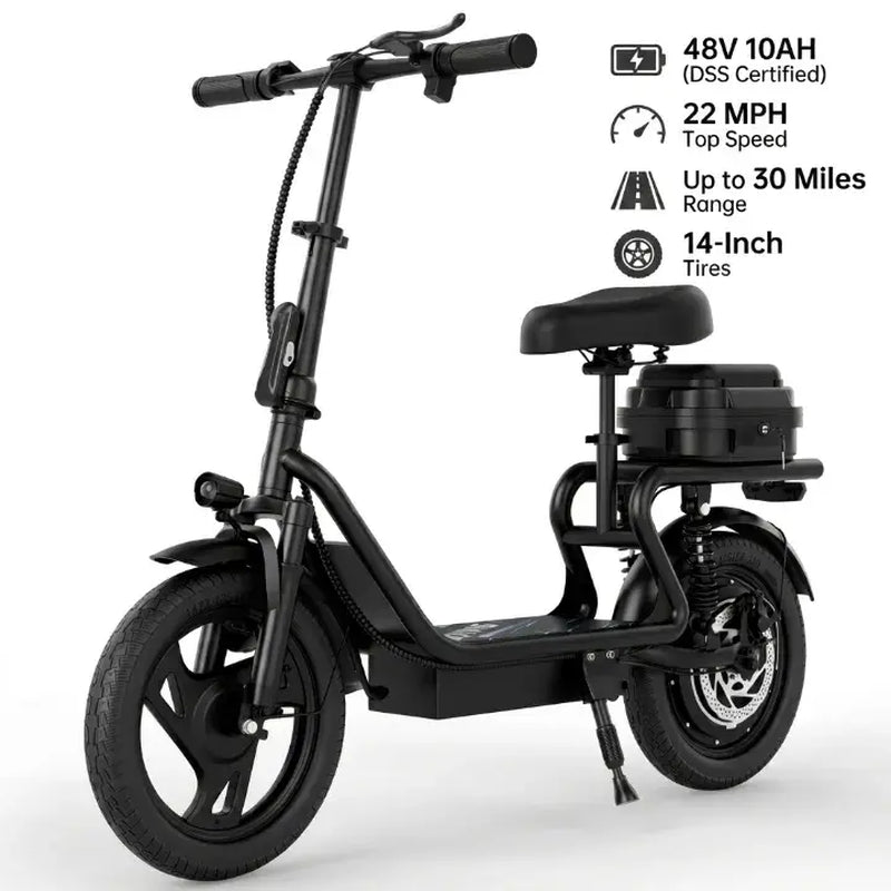 Foldable Electric Scooter with Seat& Trunk 14” Dual Shock, 500-1080W, 30-35 Miles, 22MPH, Comfort Ride E Scooter