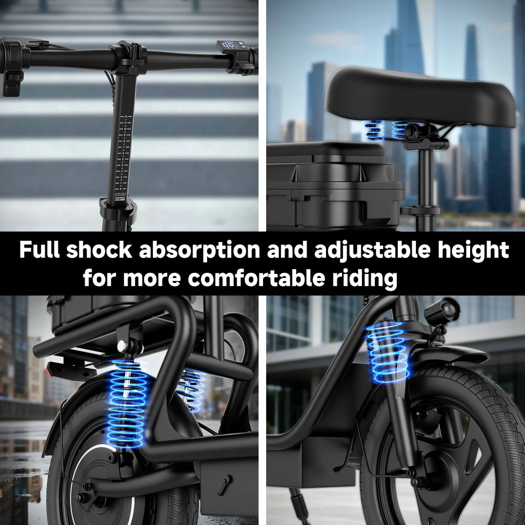 Foldable Electric Scooter with Seat& Trunk 14” Dual Shock, 500-1080W, 30-35 Miles, 22MPH, Comfort Ride E Scooter