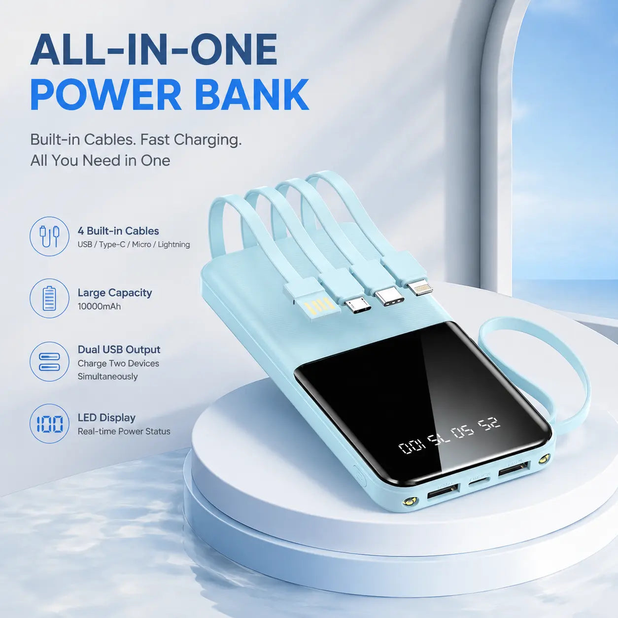 20W 10000Mah Portable Power Bank with Built-In Type-C, Lightning, Micro USB Cables, Lanyard, Fast Charging, Smart Digital Display, LED Flashlight - for Smartphones, Tablets, Travel, Dormitories