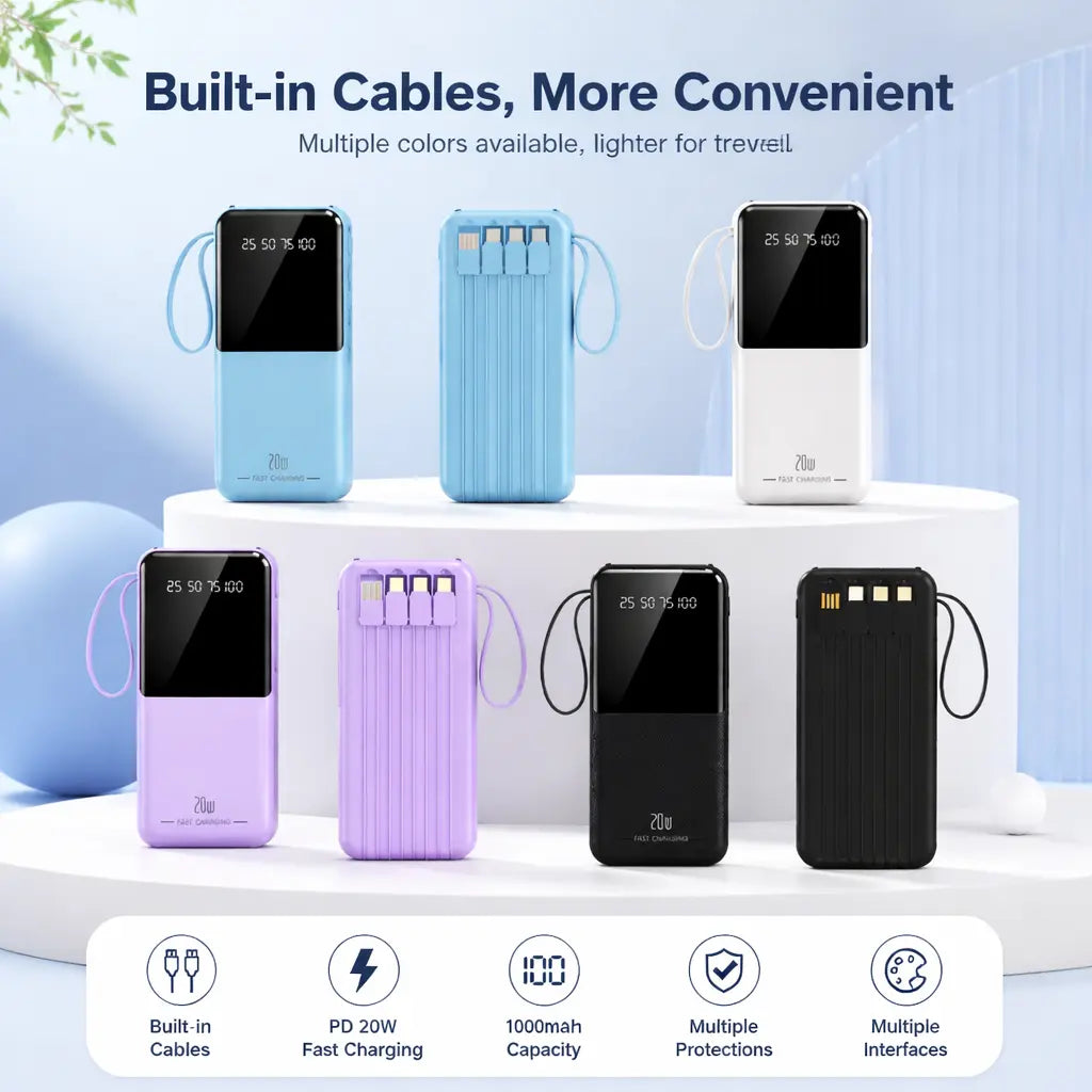20W 10000Mah Portable Power Bank with Built-In Type-C, Lightning, Micro USB Cables, Lanyard, Fast Charging, Smart Digital Display, LED Flashlight - for Smartphones, Tablets, Travel, Dormitories