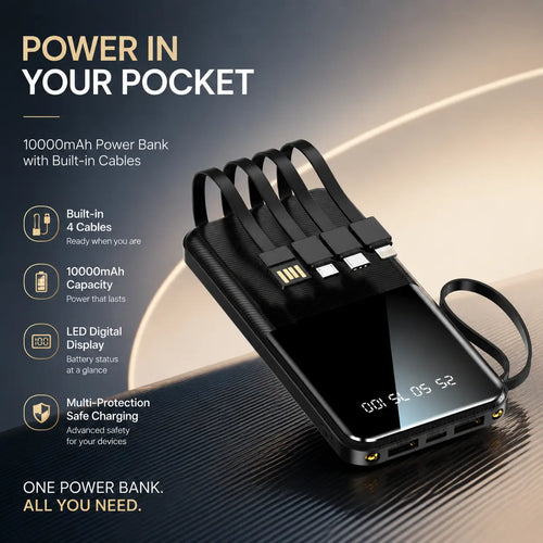 20W 10000Mah Portable Power Bank with Built-In Type-C, Lightning, Micro USB Cables, Lanyard, Fast Charging, Smart Digital Display, LED Flashlight - for Smartphones, Tablets, Travel, Dormitories