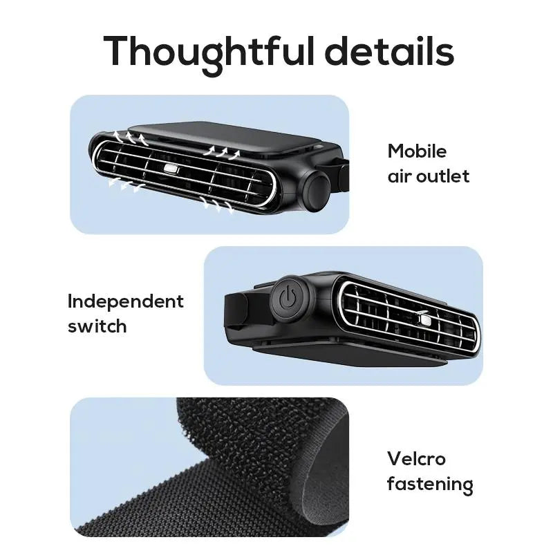 Car Seat Velcro Fan: 3 Adjustable Speeds, Built-In 3000Mah Battery, USB Charging, Suitable for Cars, Golf Carts, and Travel Rvs